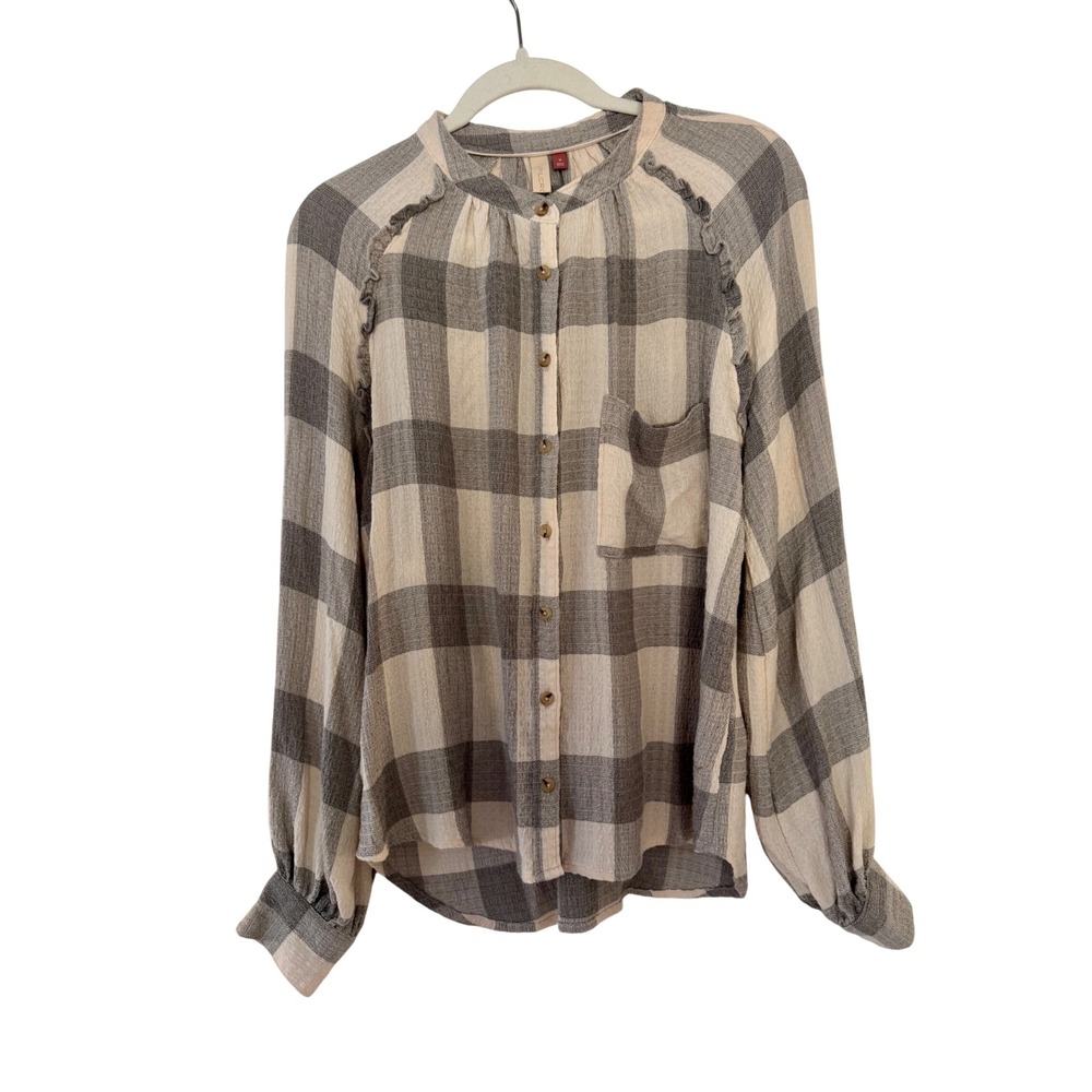 Pilcro Anthropologie M Plaid Ruffle Blouse Cottagecore Coastal Feminine - Picture 2 of 8